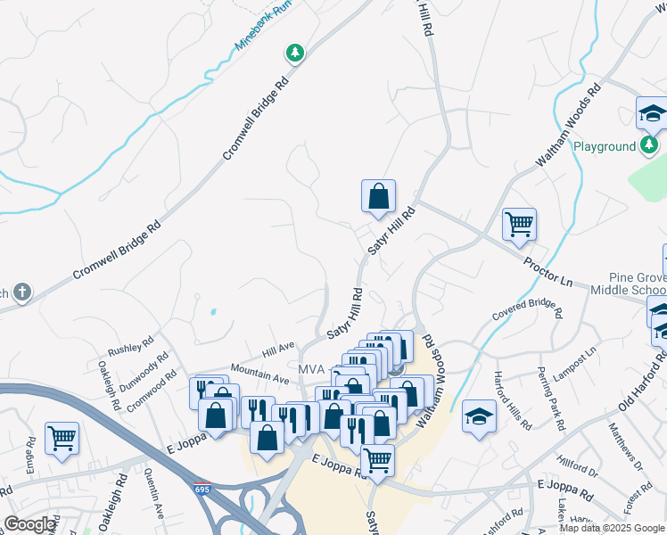 map of restaurants, bars, coffee shops, grocery stores, and more near 3977 Forest Valley Road in Parkville