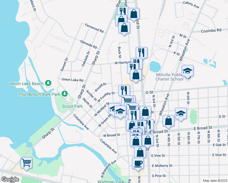 map of restaurants, bars, coffee shops, grocery stores, and more near 30 West Foundry Street in Millville
