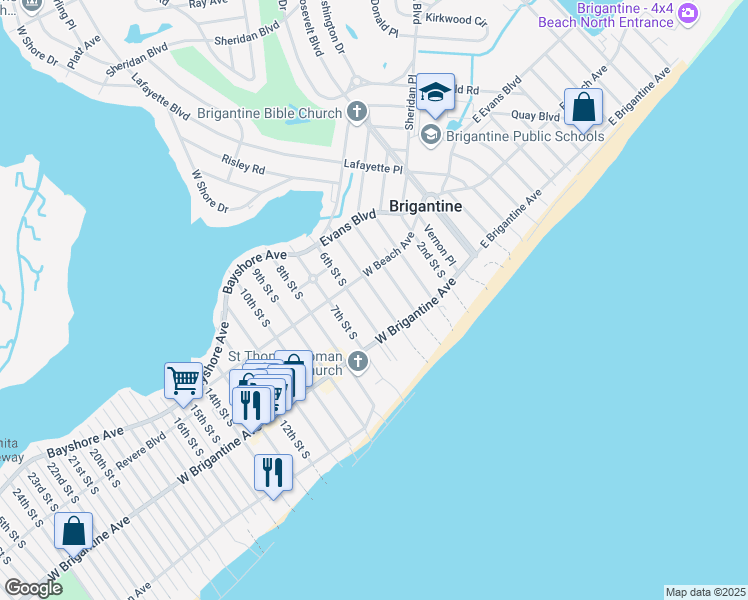 map of restaurants, bars, coffee shops, grocery stores, and more near 226 5th Street South in Brigantine