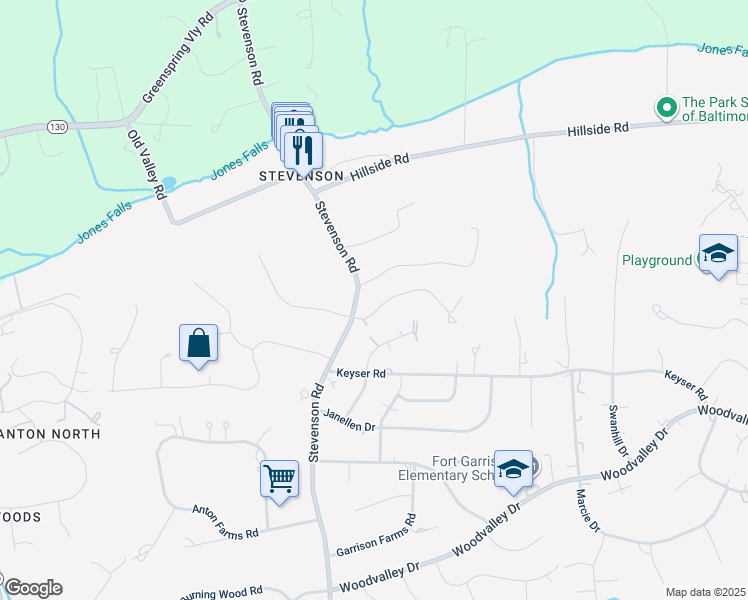 map of restaurants, bars, coffee shops, grocery stores, and more near 3416 Englemeade Road in Pikesville