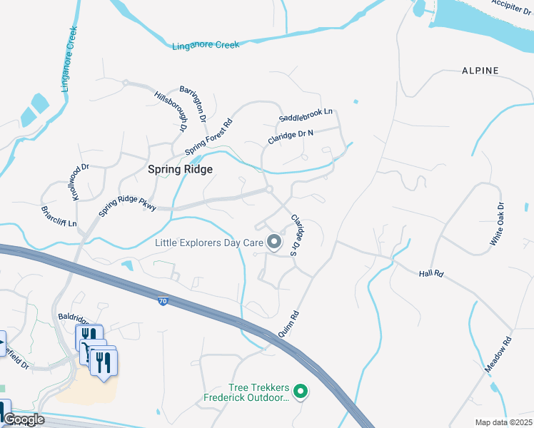 map of restaurants, bars, coffee shops, grocery stores, and more near 9660 Fleetwood Court in Frederick