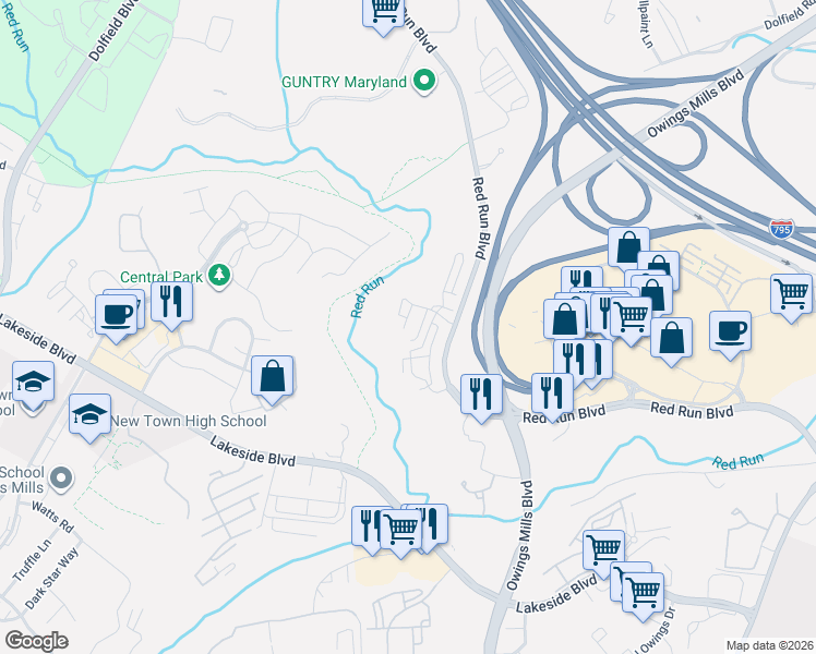 map of restaurants, bars, coffee shops, grocery stores, and more near 343 Paladium Court in Owings Mills