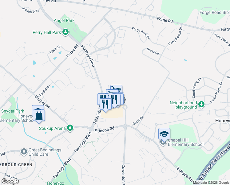 map of restaurants, bars, coffee shops, grocery stores, and more near 5101 Strawbridge Terrace in Perry Hall