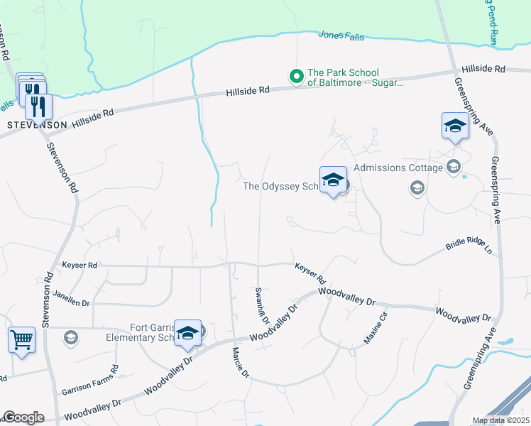 map of restaurants, bars, coffee shops, grocery stores, and more near 109 Swanhill Court in Pikesville