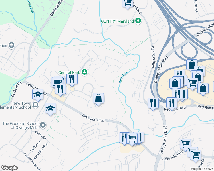 map of restaurants, bars, coffee shops, grocery stores, and more near 9653 Devedente Drive in Owings Mills
