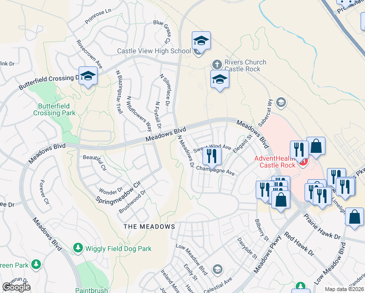 map of restaurants, bars, coffee shops, grocery stores, and more near 4431 North Meadows Drive in Castle Rock