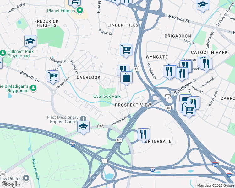 map of restaurants, bars, coffee shops, grocery stores, and more near 560 Ellison Court in Frederick