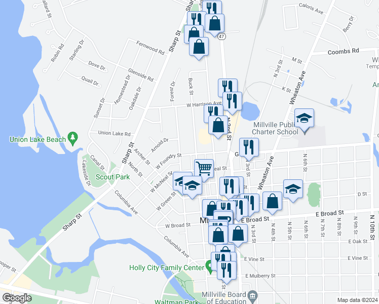 map of restaurants, bars, coffee shops, grocery stores, and more near 16 West Foundry Street in Millville