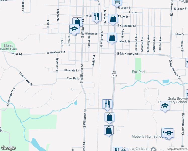 map of restaurants, bars, coffee shops, grocery stores, and more near 1116 Marmaduke Court in Moberly