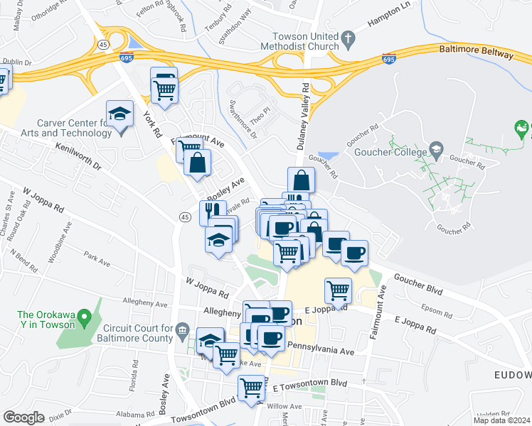 map of restaurants, bars, coffee shops, grocery stores, and more near 35 Lambourne Road in Towson