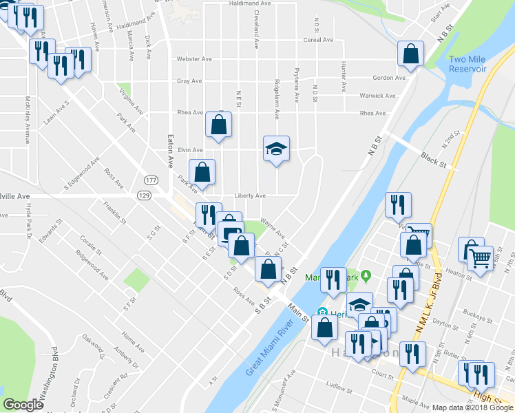 map of restaurants, bars, coffee shops, grocery stores, and more near 229 Cleveland Avenue in Hamilton