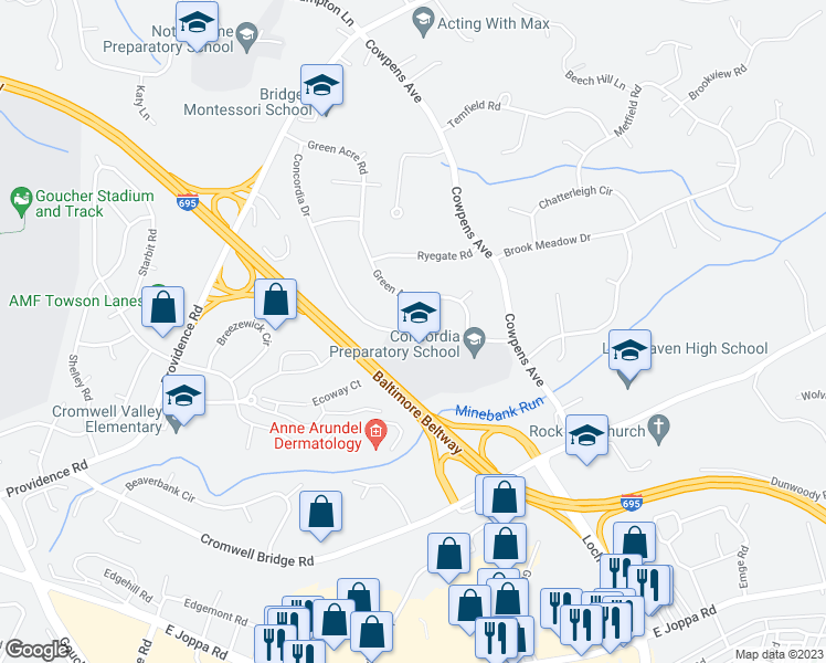 map of restaurants, bars, coffee shops, grocery stores, and more near 1130 Concordia Drive in Towson