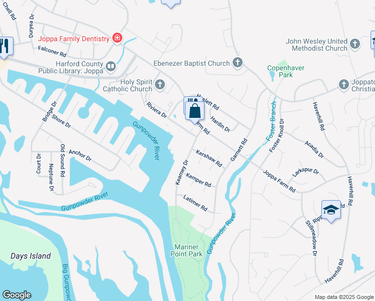 map of restaurants, bars, coffee shops, grocery stores, and more near 228 Kearney Drive in Harford County