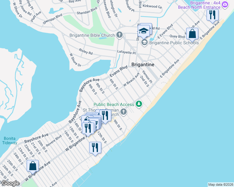 map of restaurants, bars, coffee shops, grocery stores, and more near 606 West Beach Avenue in Brigantine