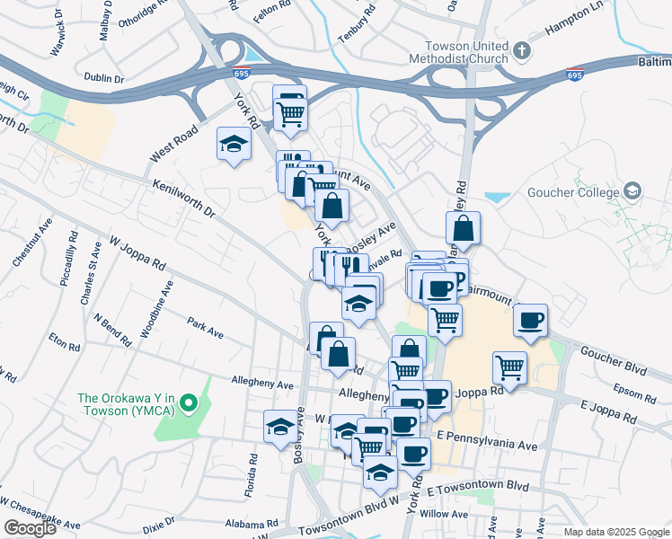 map of restaurants, bars, coffee shops, grocery stores, and more near 802 York Road in Towson