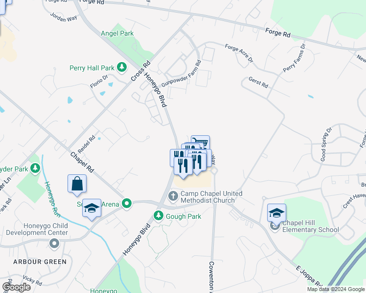 map of restaurants, bars, coffee shops, grocery stores, and more near 5045 Strawbridge Terrace in Perry Hall