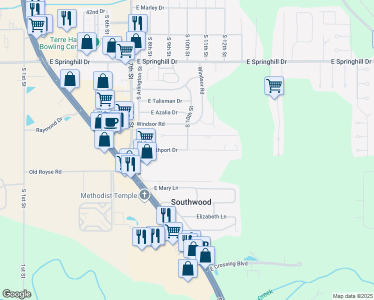 map of restaurants, bars, coffee shops, grocery stores, and more near 999 East Southport Drive in Terre Haute