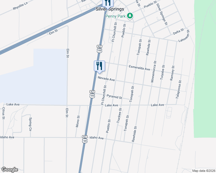 map of restaurants, bars, coffee shops, grocery stores, and more near 2915 Pueblo Street in Silver Springs