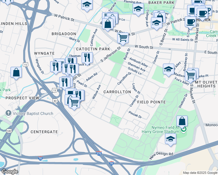 map of restaurants, bars, coffee shops, grocery stores, and more near 314 Redwood Avenue in Frederick