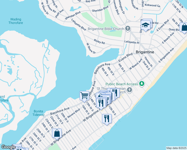 map of restaurants, bars, coffee shops, grocery stores, and more near 1033 Bayshore Avenue in Brigantine