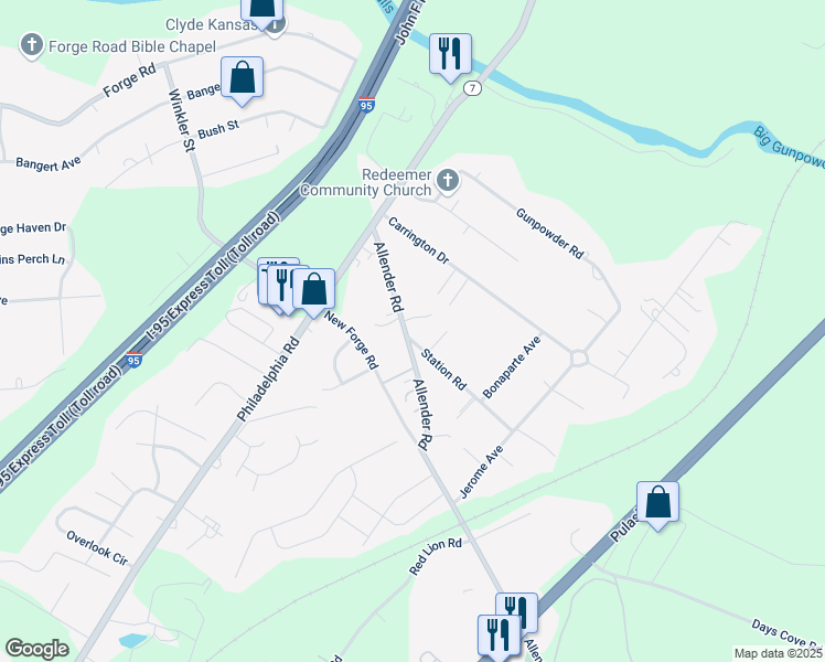 map of restaurants, bars, coffee shops, grocery stores, and more near 5636 Allender Road in White Marsh