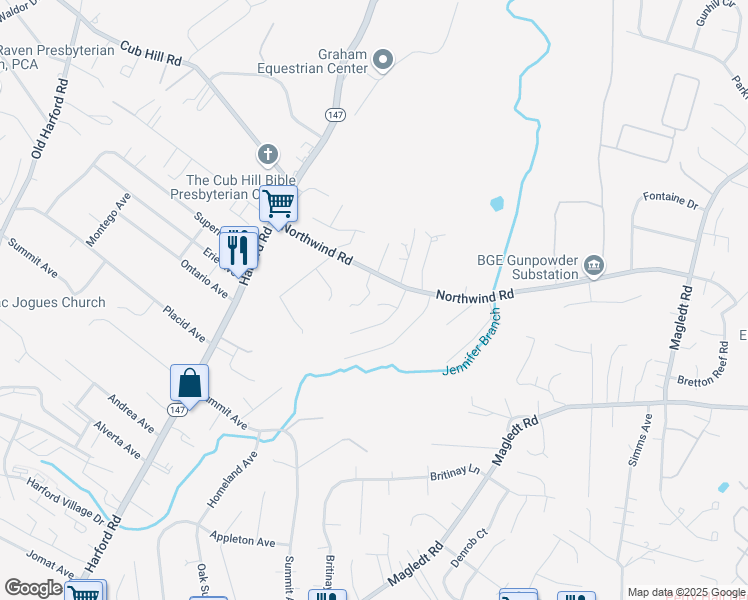 map of restaurants, bars, coffee shops, grocery stores, and more near 10 Widebrook Court in Parkville