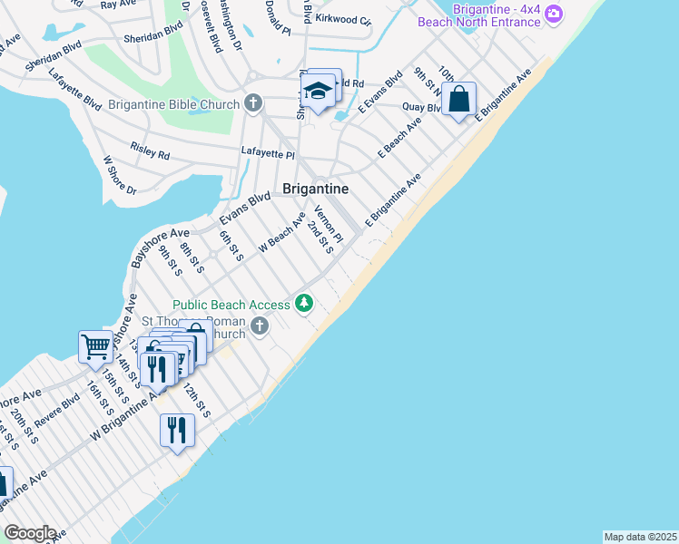 map of restaurants, bars, coffee shops, grocery stores, and more near 312 2nd Street South in Brigantine