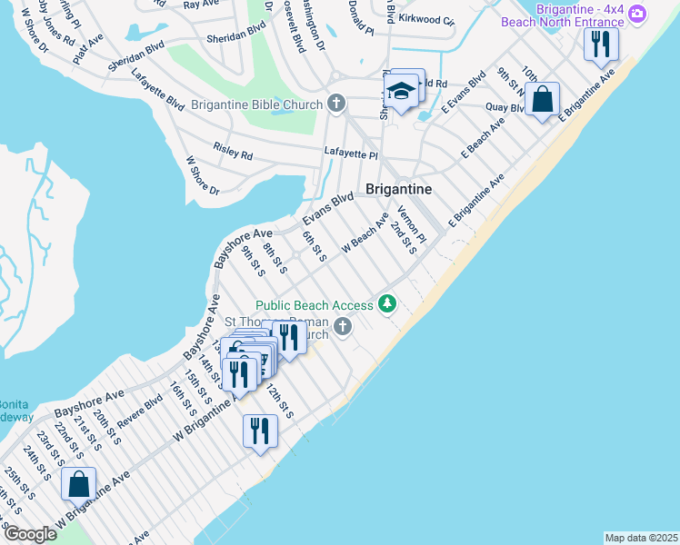 map of restaurants, bars, coffee shops, grocery stores, and more near 226 5th Street South in Brigantine