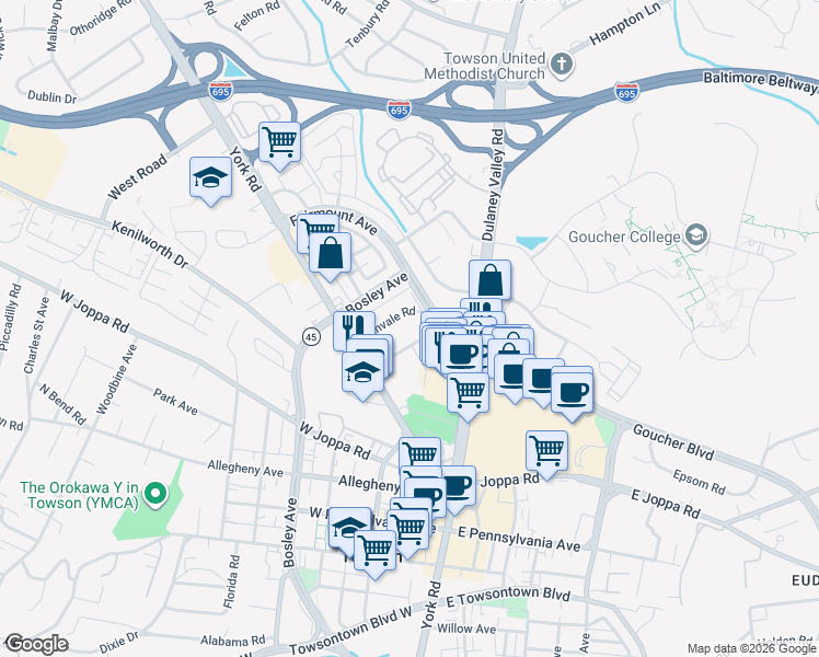 map of restaurants, bars, coffee shops, grocery stores, and more near 20 Lambourne Road in Towson
