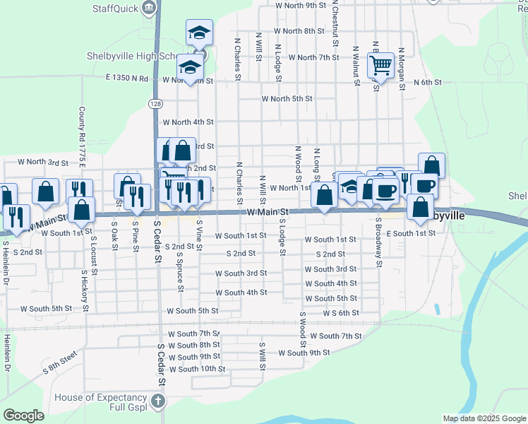 map of restaurants, bars, coffee shops, grocery stores, and more near 698 West Main Street in Shelbyville