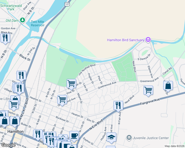 map of restaurants, bars, coffee shops, grocery stores, and more near 708 Poplar Street in Hamilton