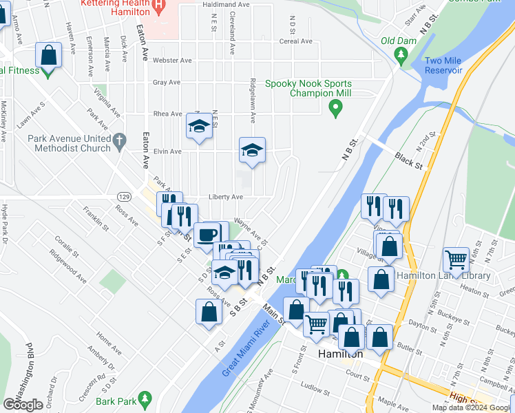 map of restaurants, bars, coffee shops, grocery stores, and more near 301 North D Street in Hamilton