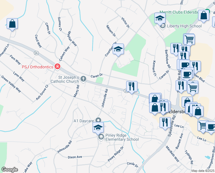 map of restaurants, bars, coffee shops, grocery stores, and more near in Eldersburg
