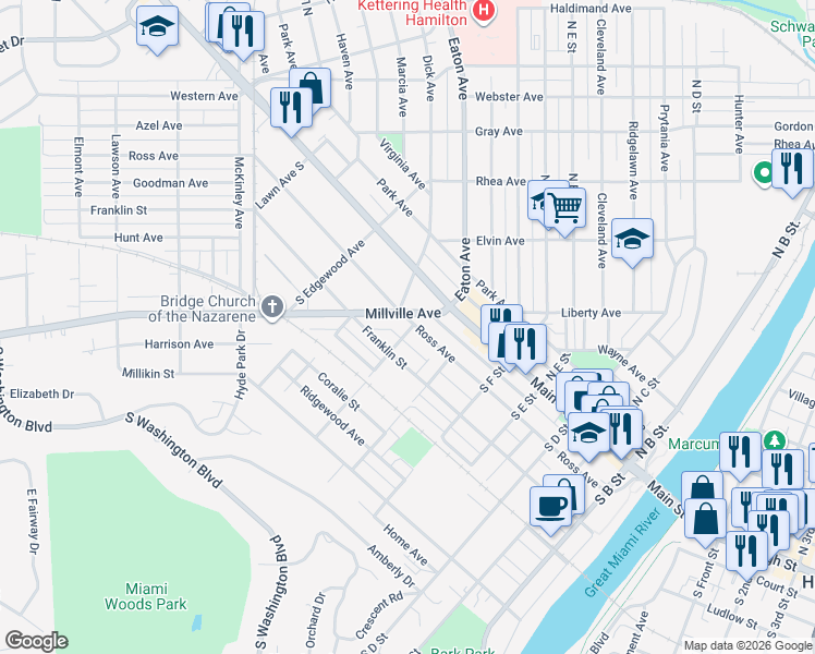 map of restaurants, bars, coffee shops, grocery stores, and more near 661 Ross Avenue in Hamilton