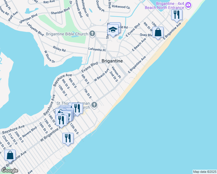 map of restaurants, bars, coffee shops, grocery stores, and more near 251 4th Street South in Brigantine