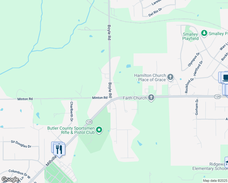 map of restaurants, bars, coffee shops, grocery stores, and more near 626 Boyle Road in Hamilton