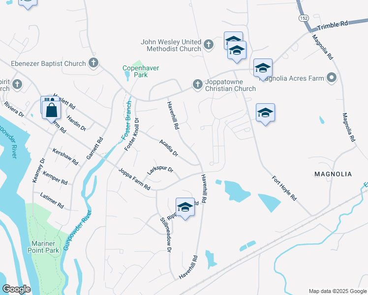map of restaurants, bars, coffee shops, grocery stores, and more near 412 Haverhill Road in Harford County