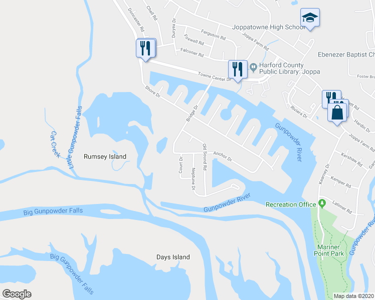 map of restaurants, bars, coffee shops, grocery stores, and more near 611 Anchor Drive in Harford County