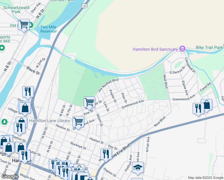map of restaurants, bars, coffee shops, grocery stores, and more near 708 Poplar Street in Hamilton