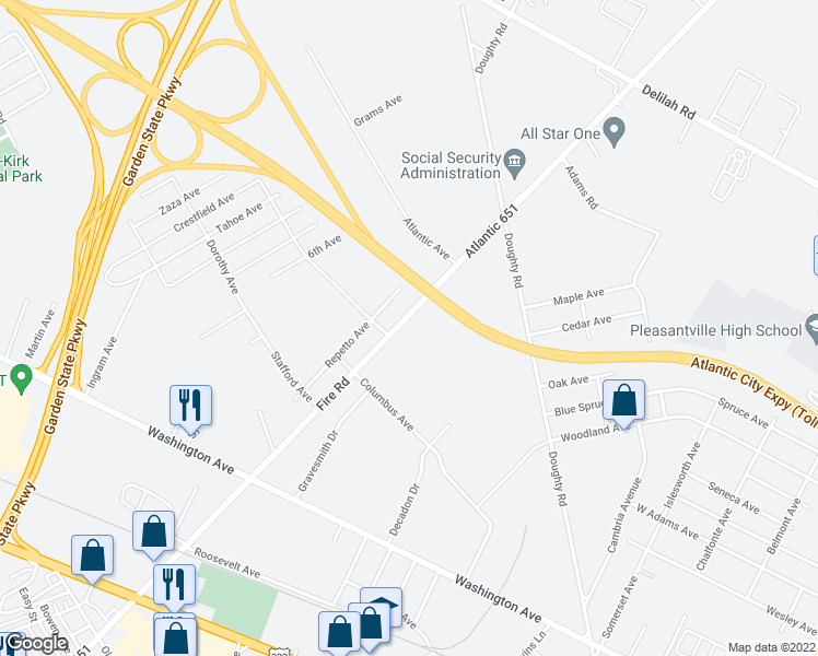 map of restaurants, bars, coffee shops, grocery stores, and more near 2720 Fire Road in Egg Harbor Township
