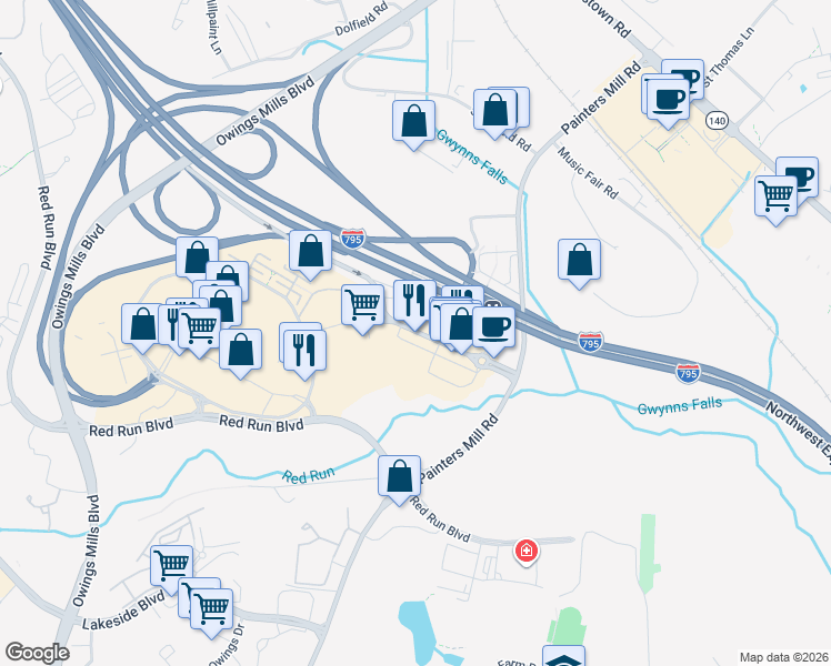 map of restaurants, bars, coffee shops, grocery stores, and more near Grand Central Avenue in Owings Mills