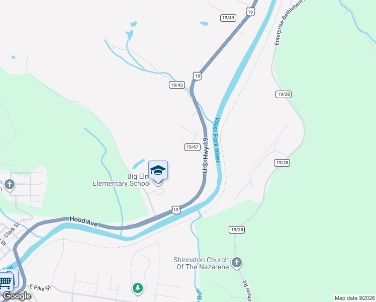 map of restaurants, bars, coffee shops, grocery stores, and more near 77 County Route 19/67 in Shinnston