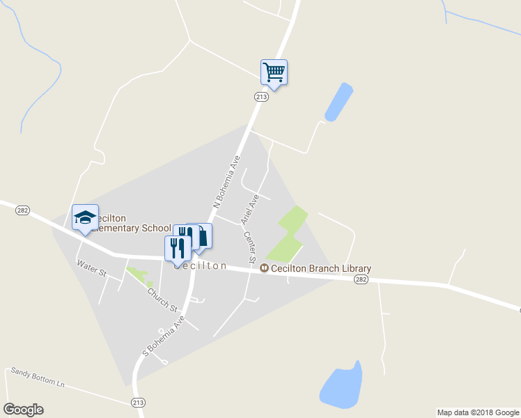 map of restaurants, bars, coffee shops, grocery stores, and more near 218 Ariel Avenue in Earleville