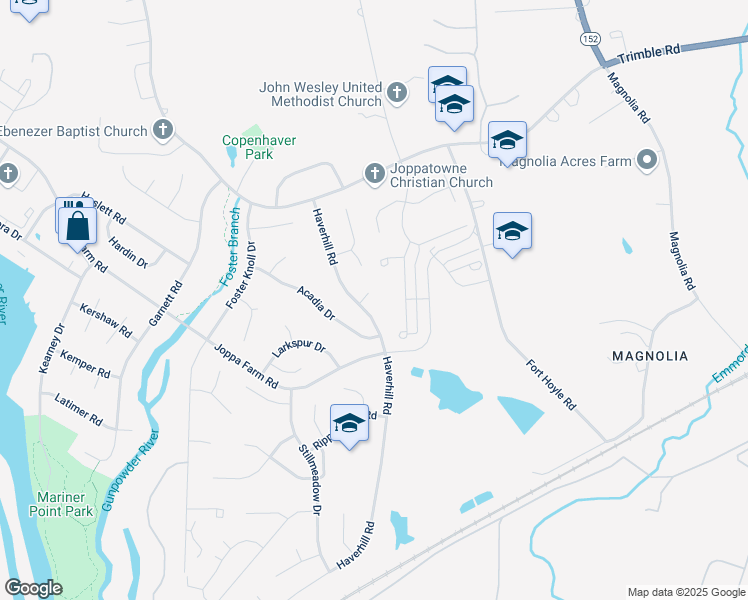 map of restaurants, bars, coffee shops, grocery stores, and more near 503 Charmuth Court in Harford County