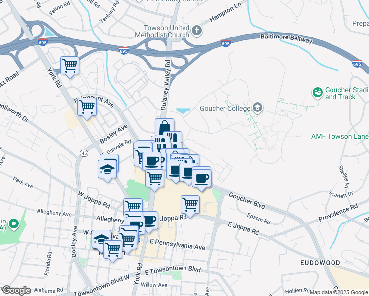 map of restaurants, bars, coffee shops, grocery stores, and more near 831 Southerly Road in Towson
