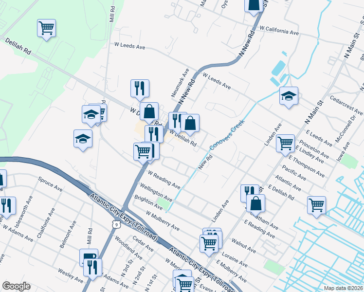 map of restaurants, bars, coffee shops, grocery stores, and more near 409-419 West Delilah Road in Pleasantville