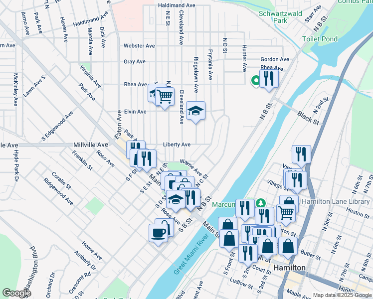 map of restaurants, bars, coffee shops, grocery stores, and more near 230 Cleveland Avenue in Hamilton