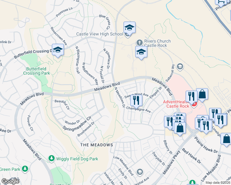 map of restaurants, bars, coffee shops, grocery stores, and more near 4431 North Meadows Drive in Castle Rock