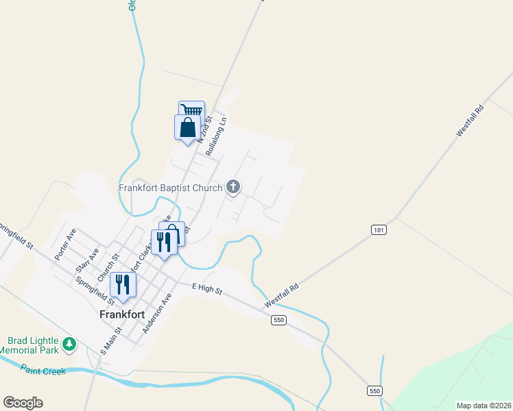 map of restaurants, bars, coffee shops, grocery stores, and more near 112 Eastern Avenue in Frankfort