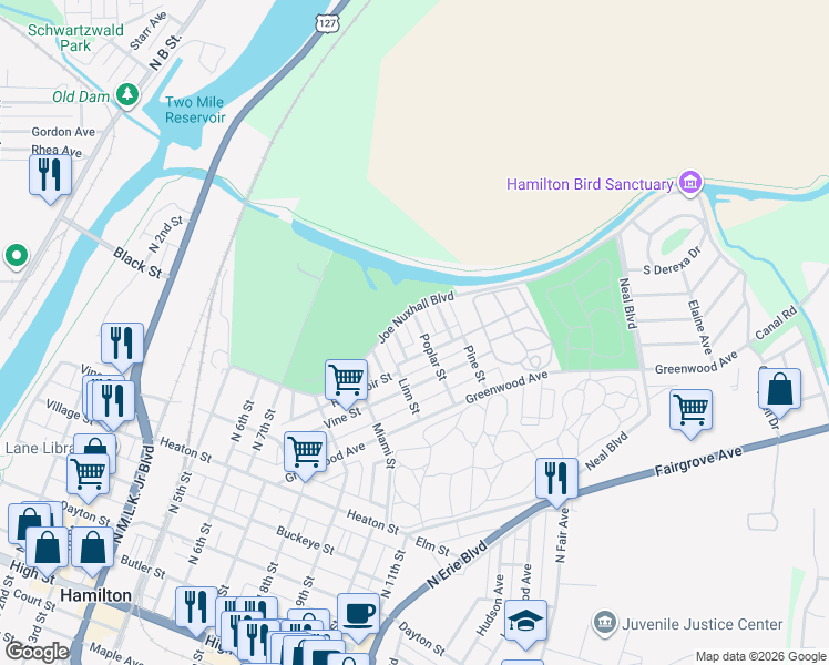 map of restaurants, bars, coffee shops, grocery stores, and more near 708 Poplar Street in Hamilton